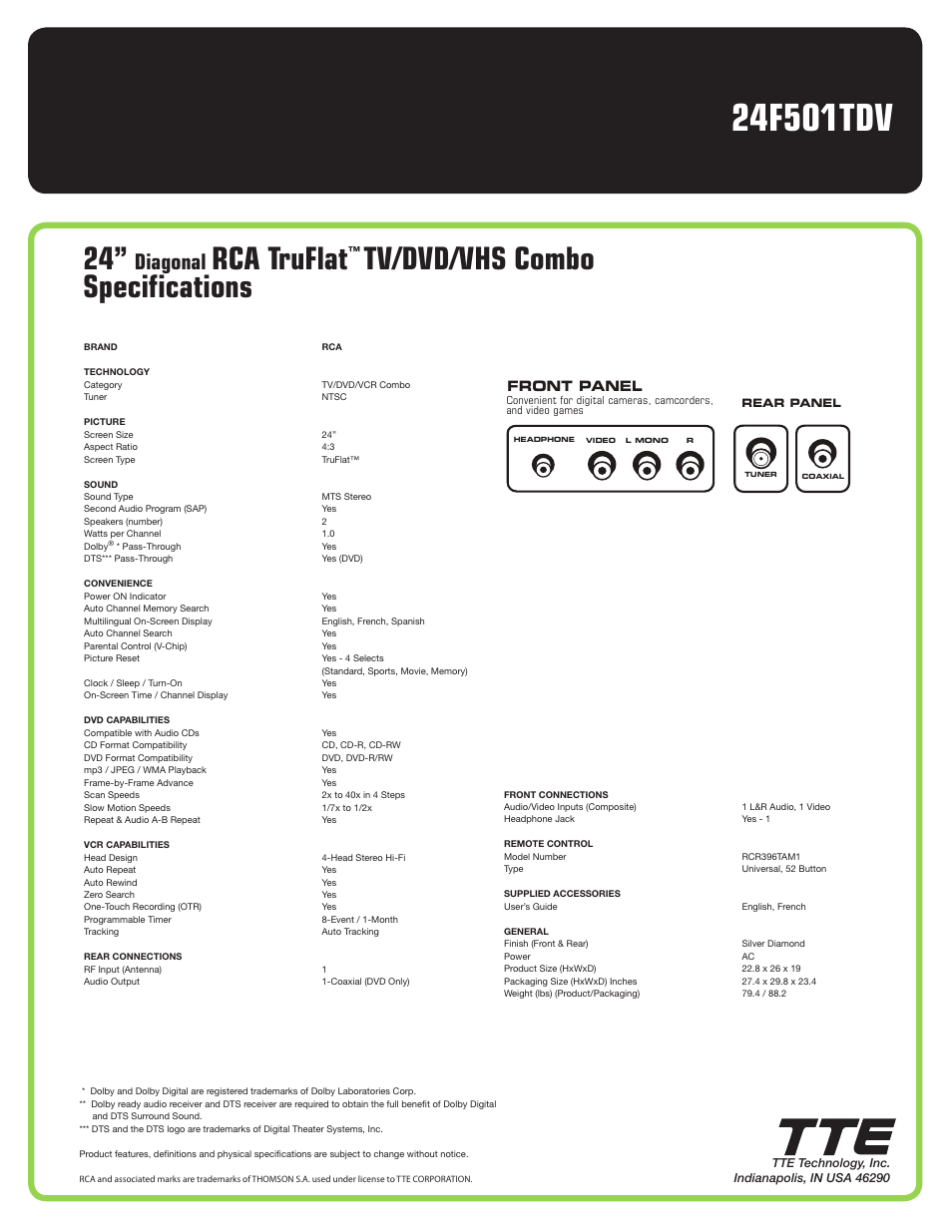 Rca truflat, Tv/dvd/vhs combo specifications, Diagonal | Front panel | RCA 24F501TDV User Manual | Page 2 / 2