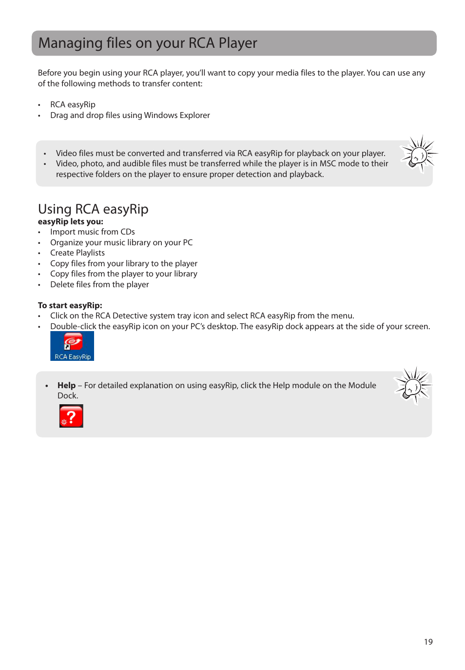 Managing files on your rca player, Using rca easyrip | RCA M62 User Manual | Page 20 / 45