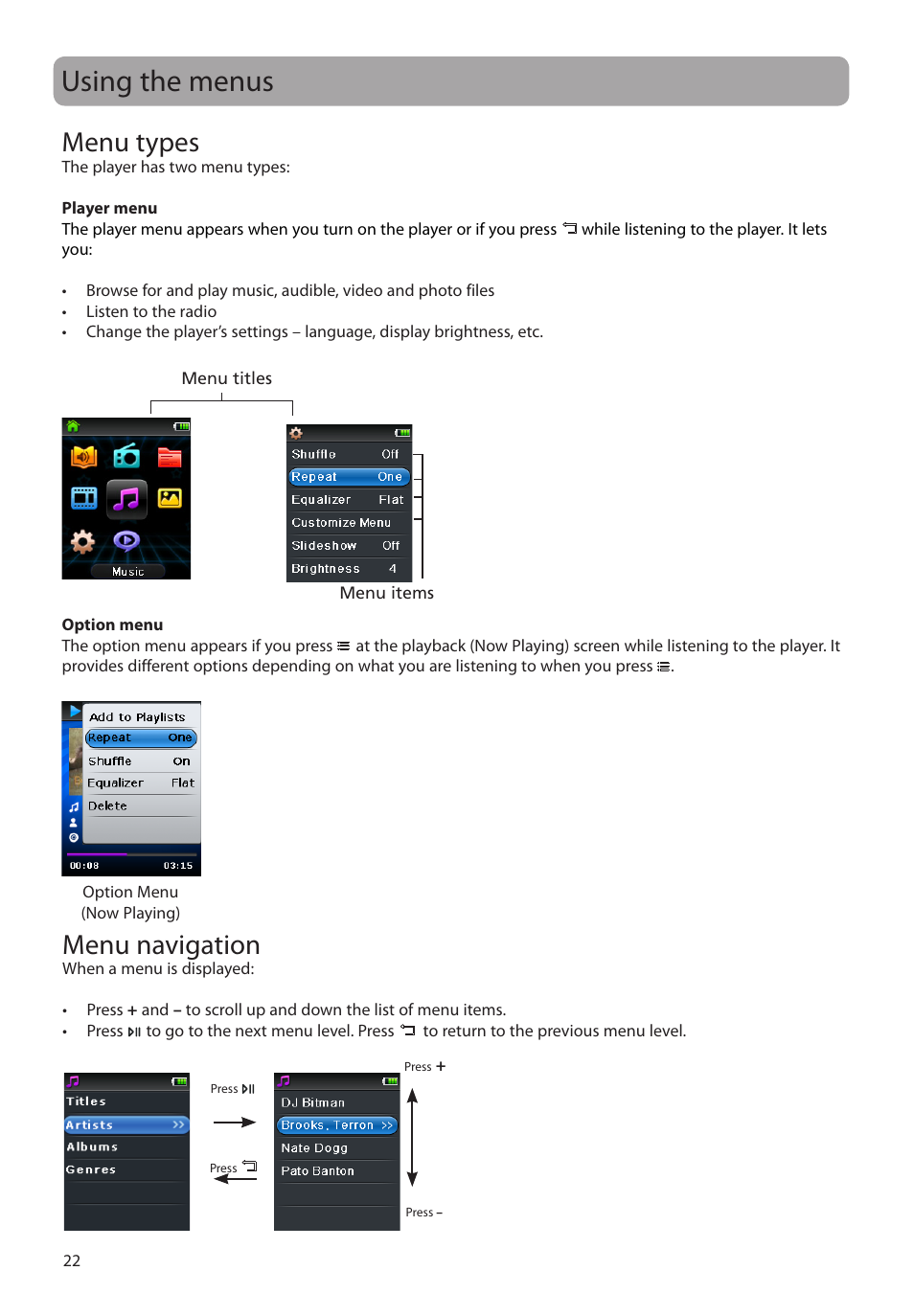 Using the menus, Menu types, Menu navigation | RCA M62 User Manual | Page 23 / 45