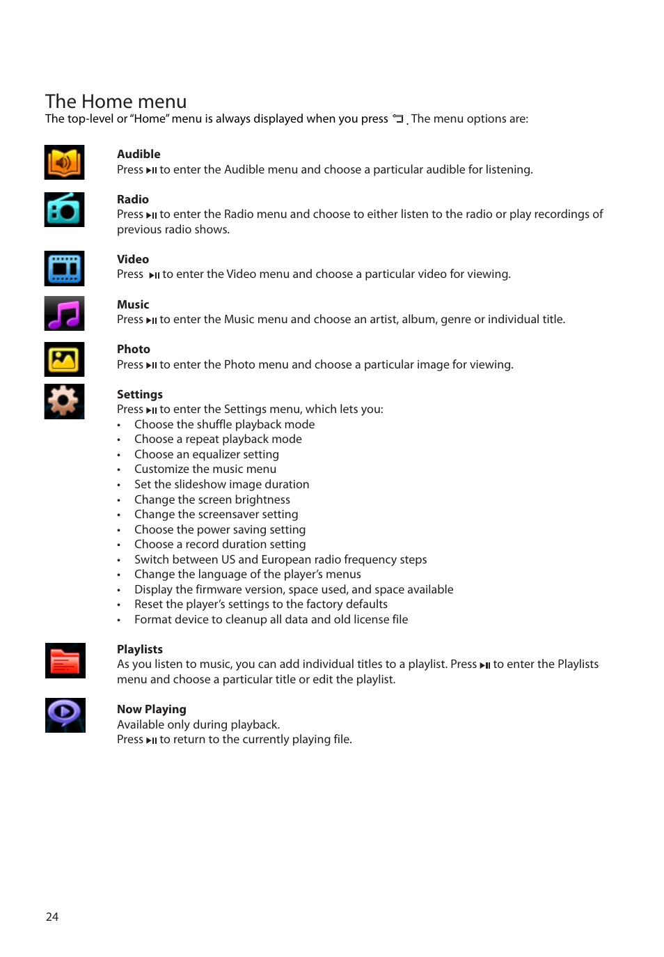 The home menu | RCA M62 User Manual | Page 25 / 45