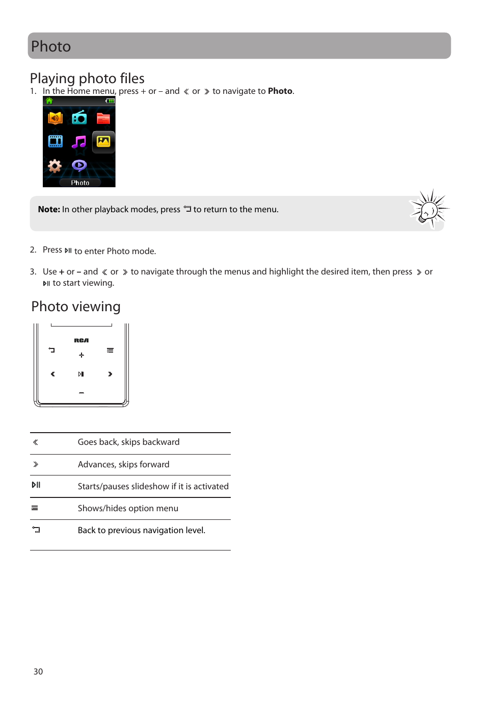 Photo, Playing photo files, Photo viewing | RCA M62 User Manual | Page 31 / 45