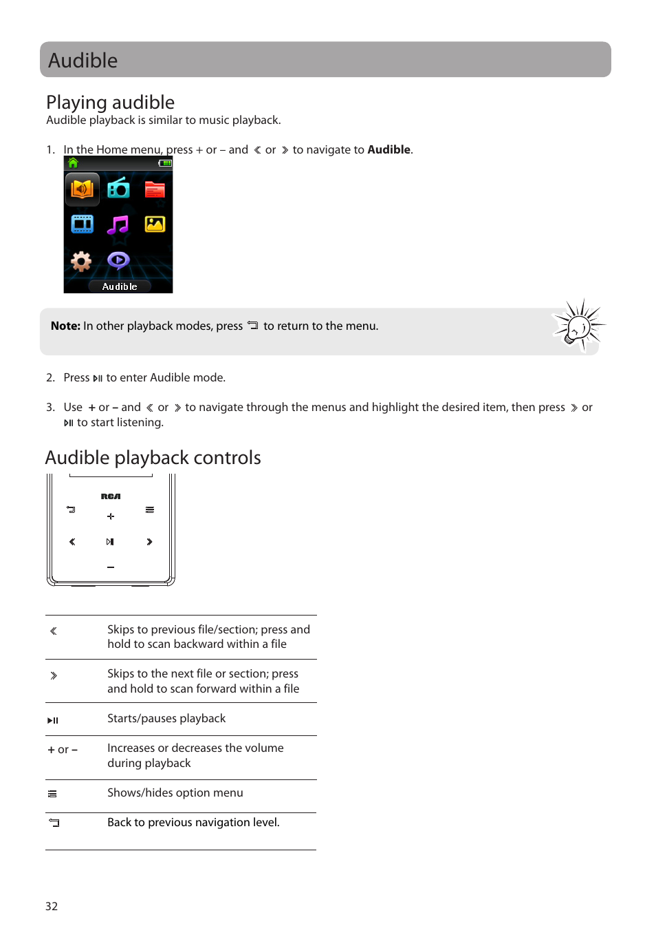 Audible, Playing audible, Audible playback controls | Audible playback controls playing audible | RCA M62 User Manual | Page 33 / 45
