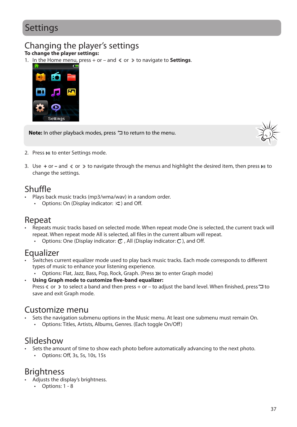 Settings, Changing the player’s settings, Shuffle | Repeat, Equalizer, Customize menu, Slideshow, Brightness | RCA M62 User Manual | Page 38 / 45