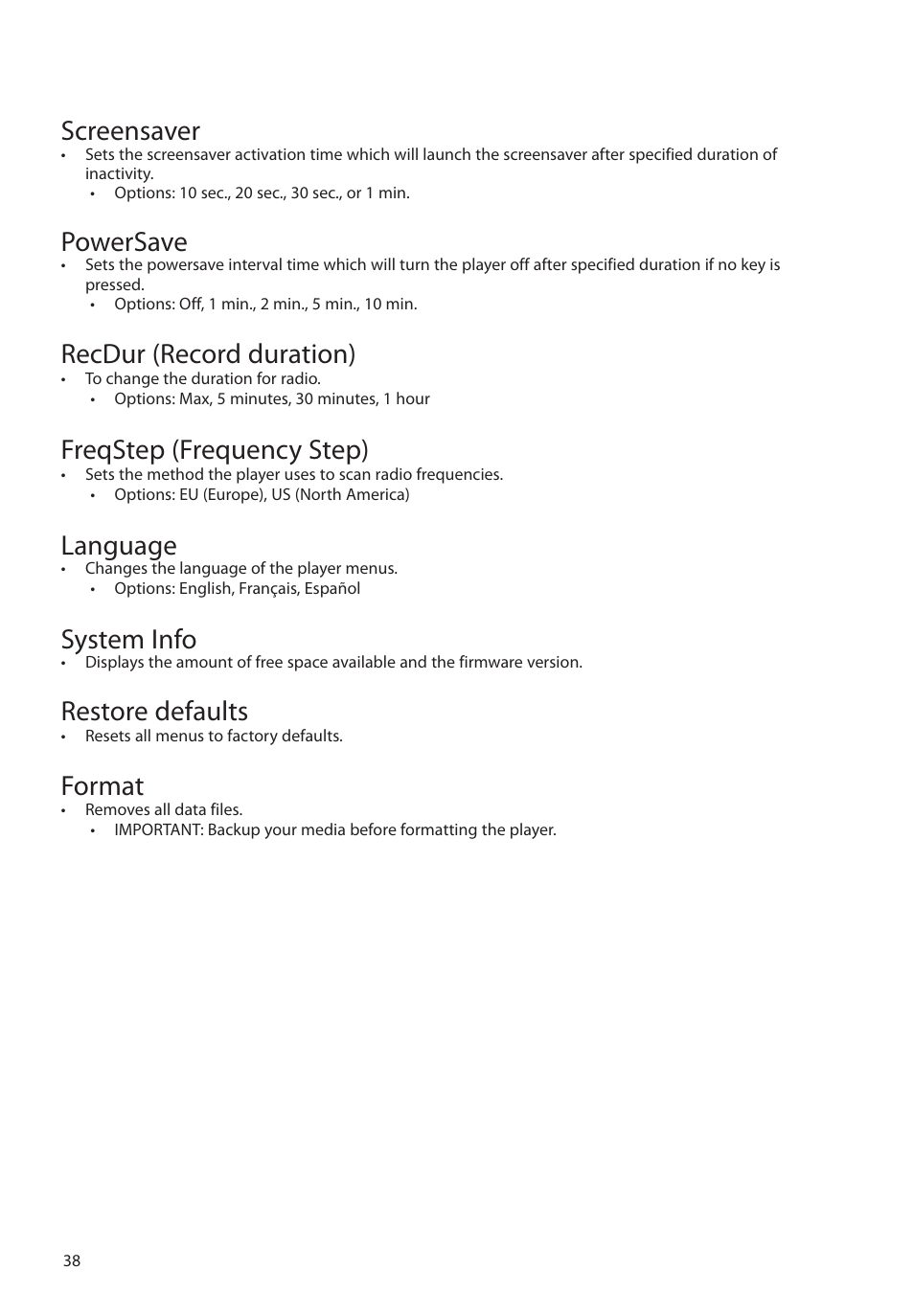Screensaver, Powersave, Recdur (record duration) | Freqstep (frequency step), Language, System info, Restore defaults, Format | RCA M62 User Manual | Page 39 / 45