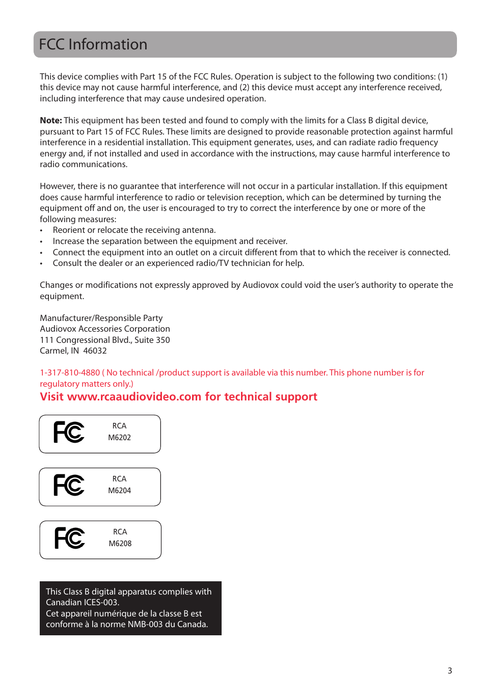 Fcc information | RCA M62 User Manual | Page 4 / 45