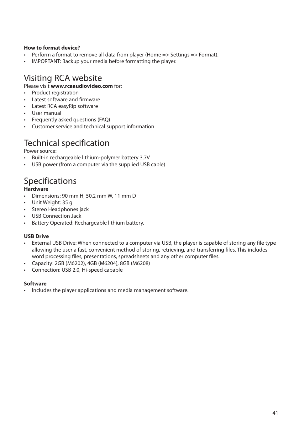 Visiting rca website, Technical specification, Specifications | RCA M62 User Manual | Page 42 / 45