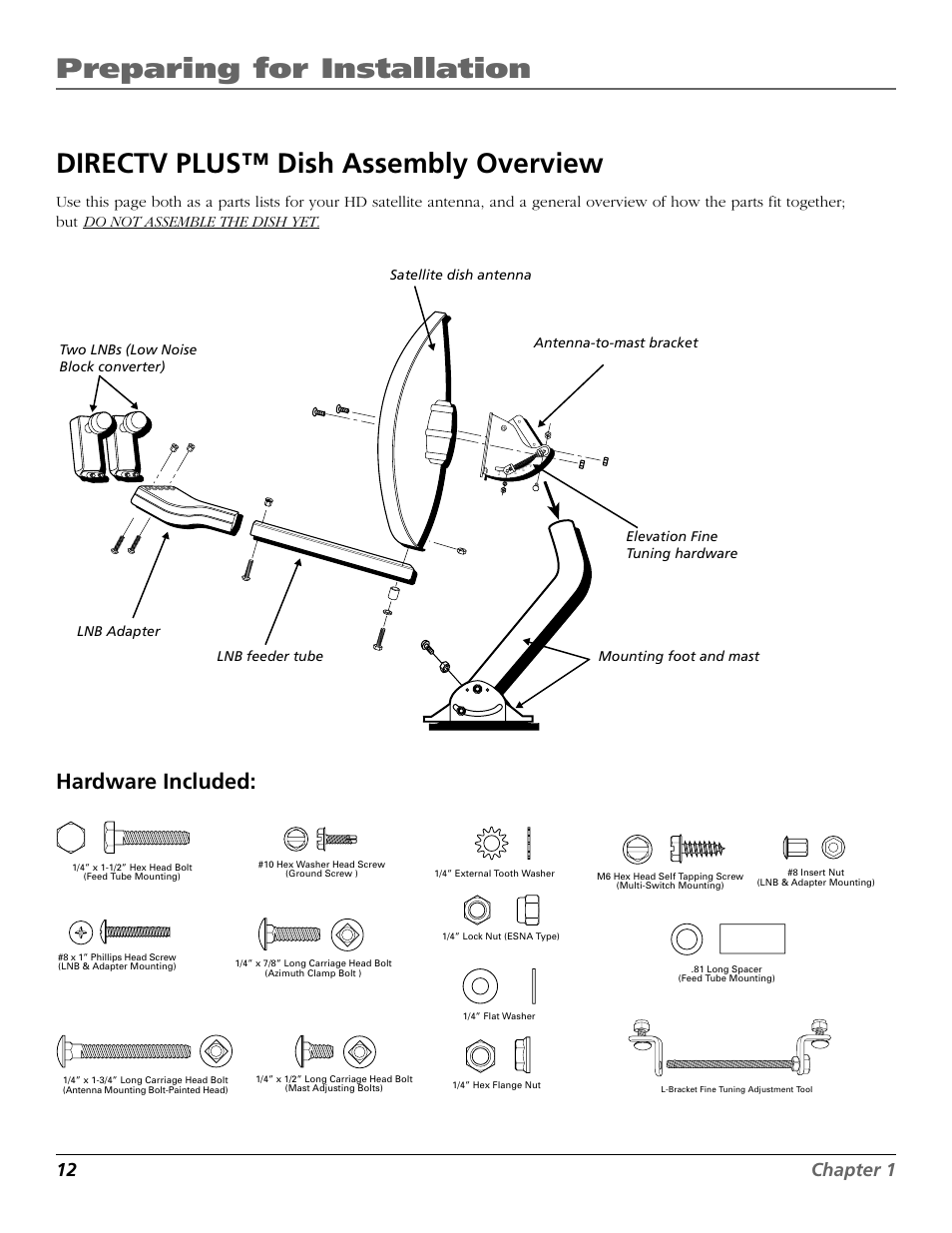 Preparing for installation, Directv plus™ dish assembly overview, Hardware included | 12 chapter 1 | RCA DIRECTV PLUS 15407690 User Manual | Page 14 / 48