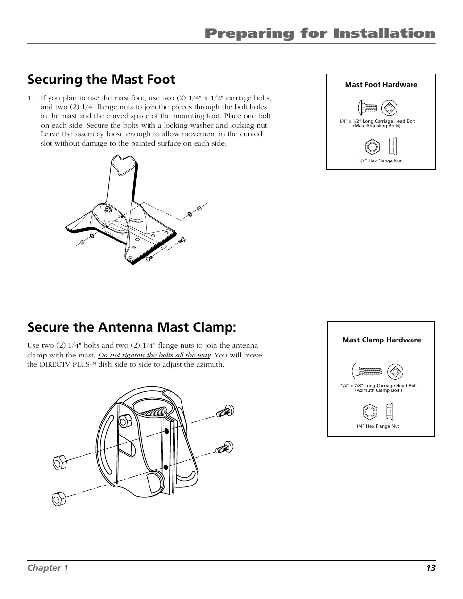 Preparing for installation securing the mast foot, Secure the antenna mast clamp | RCA DIRECTV PLUS 15407690 User Manual | Page 15 / 48