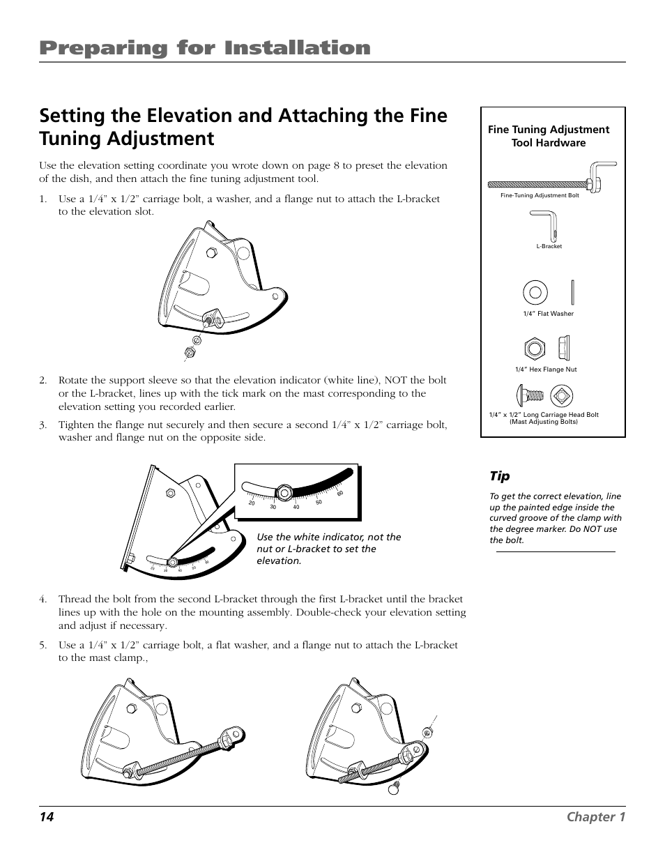 Preparing for installation, 14 chapter 1 tip, Fine tuning adjustment tool hardware | RCA DIRECTV PLUS 15407690 User Manual | Page 16 / 48