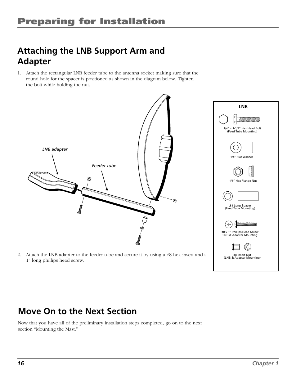 Preparing for installation, Attaching the lnb support arm and adapter, 16 chapter 1 | RCA DIRECTV PLUS 15407690 User Manual | Page 18 / 48
