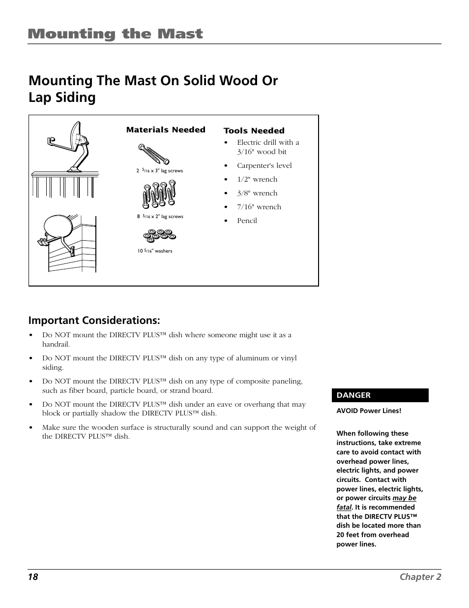 Mounting the mast, Mounting the mast on solid wood or lap siding, Important considerations | RCA DIRECTV PLUS 15407690 User Manual | Page 20 / 48