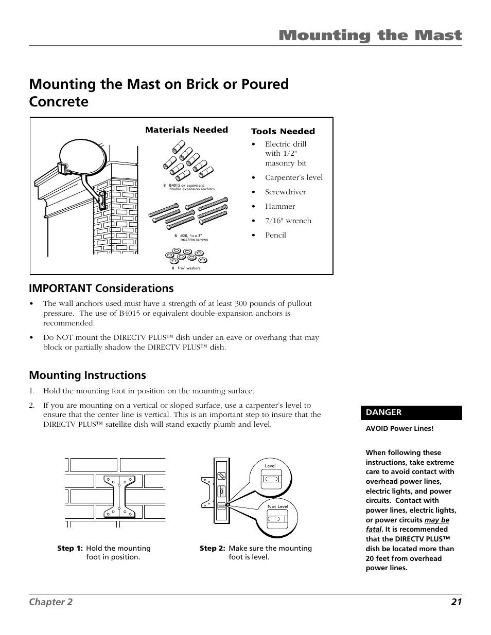 Mounting the mast, Mounting the mast on brick or poured concrete, Important considerations | Mounting instructions, Chapter 2 21 | RCA DIRECTV PLUS 15407690 User Manual | Page 23 / 48