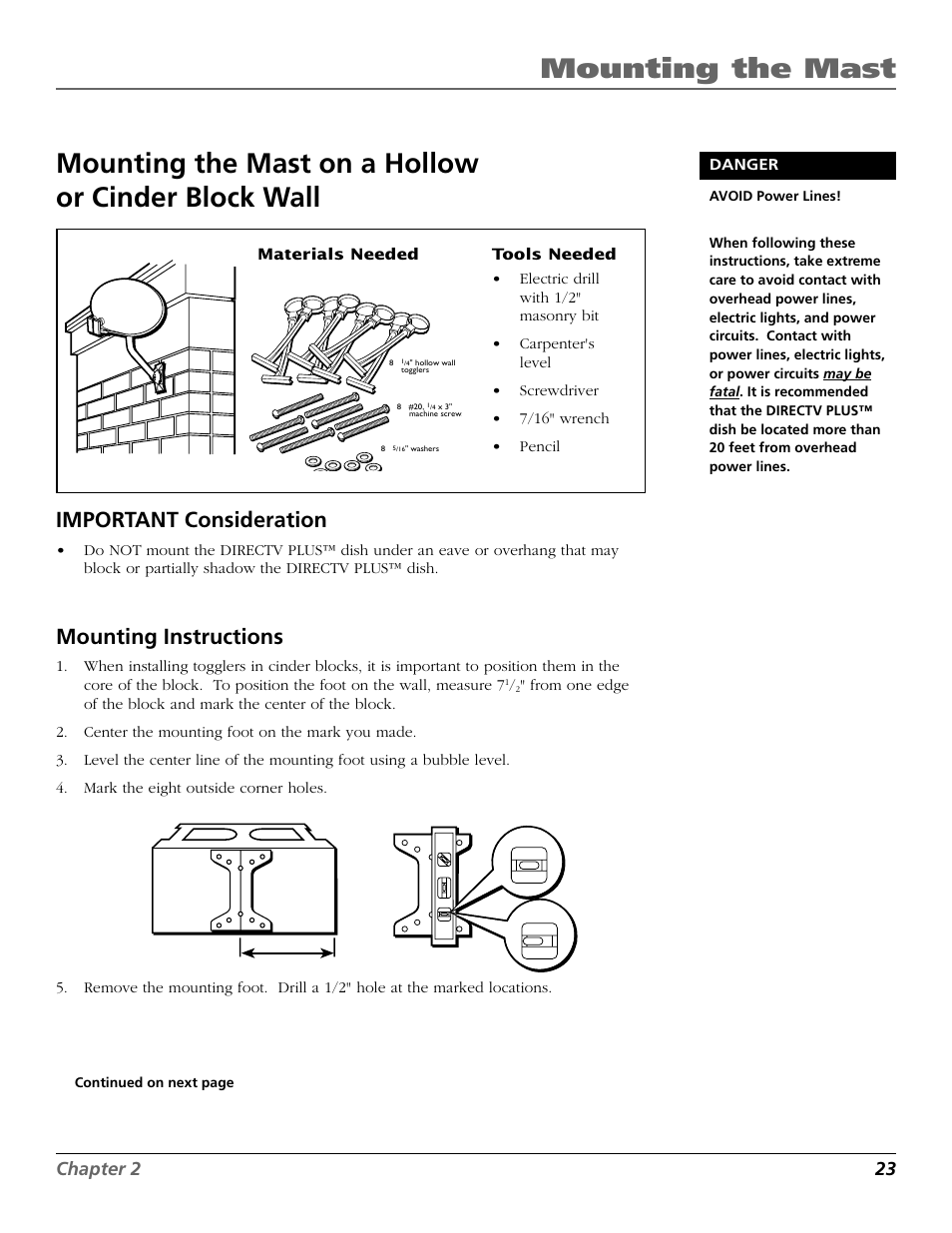 Mounting the mast, Mounting the mast on a hollow or cinder block wall, Mounting instructions | Important consideration, Chapter 2 23 | RCA DIRECTV PLUS 15407690 User Manual | Page 25 / 48