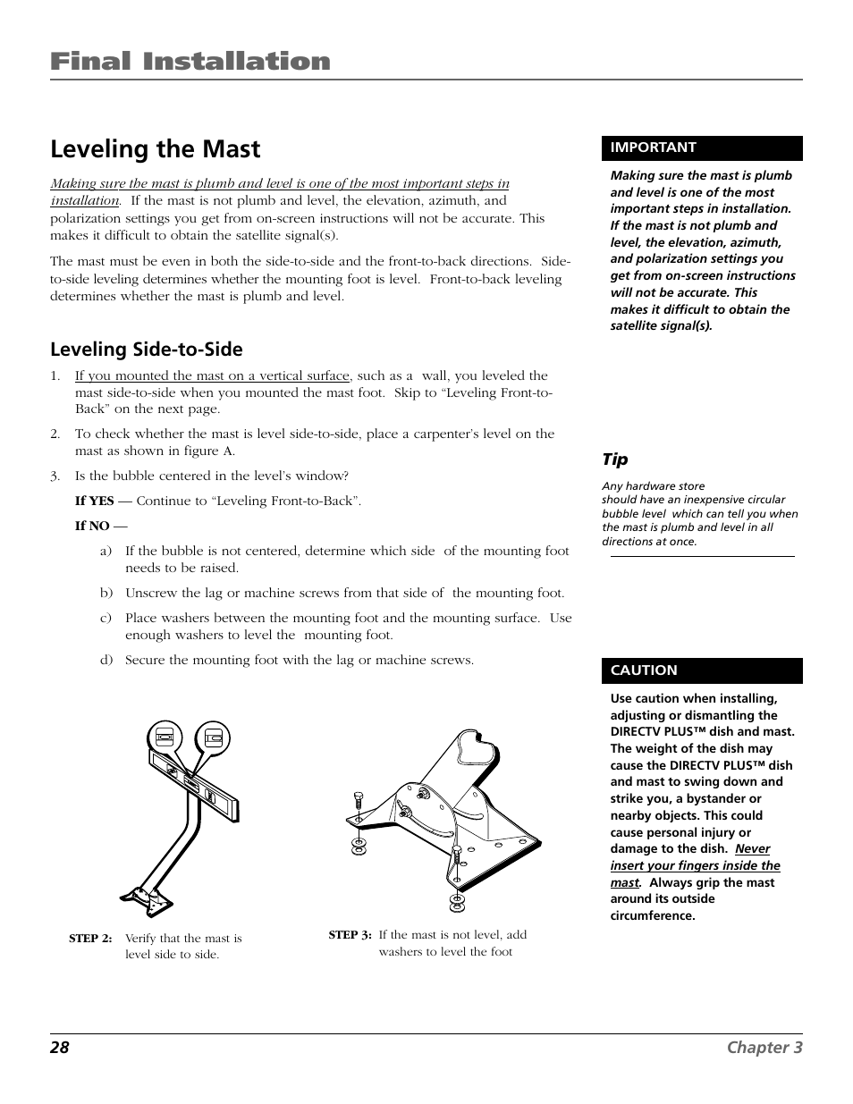 Final installation, Leveling the mast, Leveling side-to-side | RCA DIRECTV PLUS 15407690 User Manual | Page 30 / 48