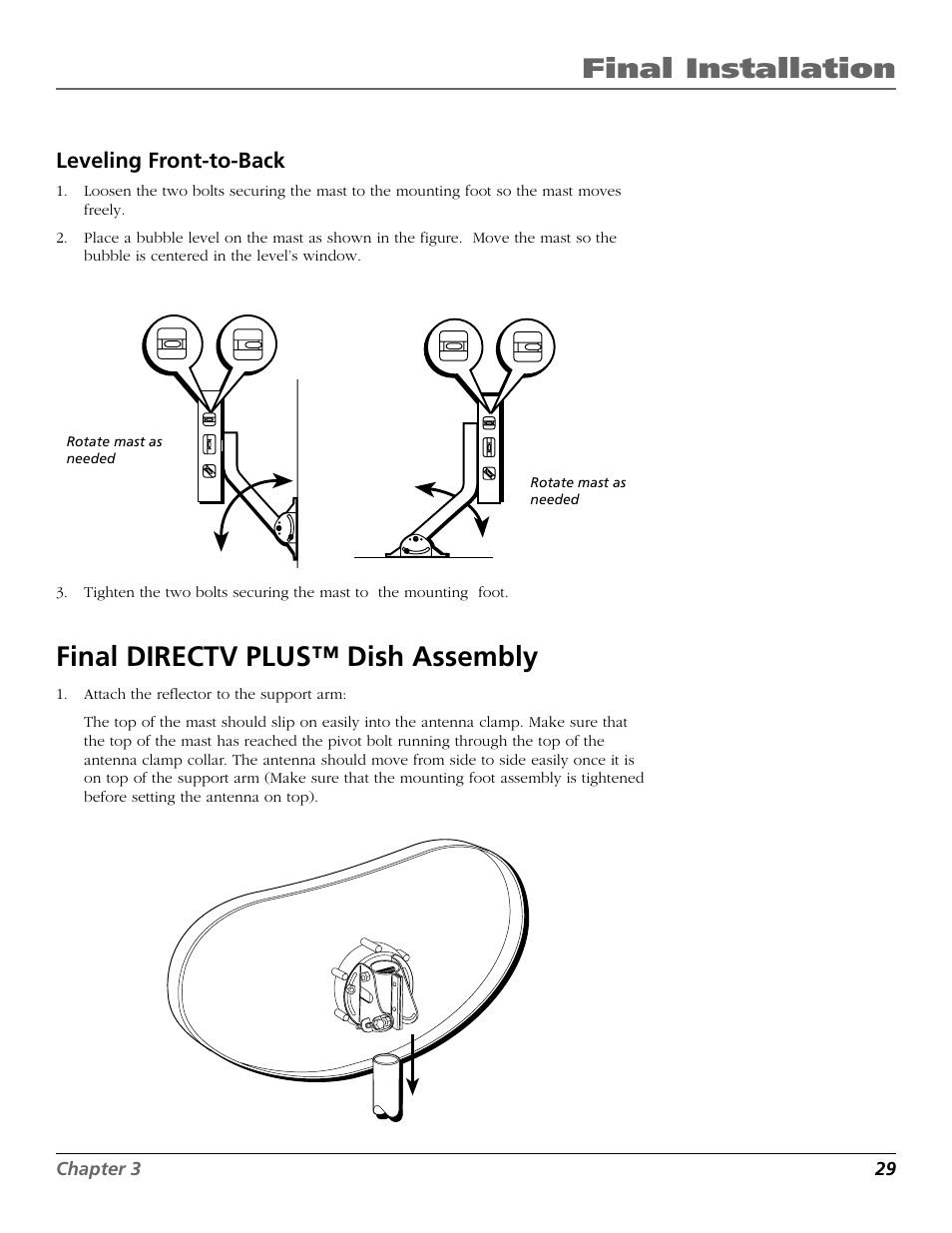 Final installation, Final directv plus™ dish assembly, Leveling front-to-back | RCA DIRECTV PLUS 15407690 User Manual | Page 31 / 48