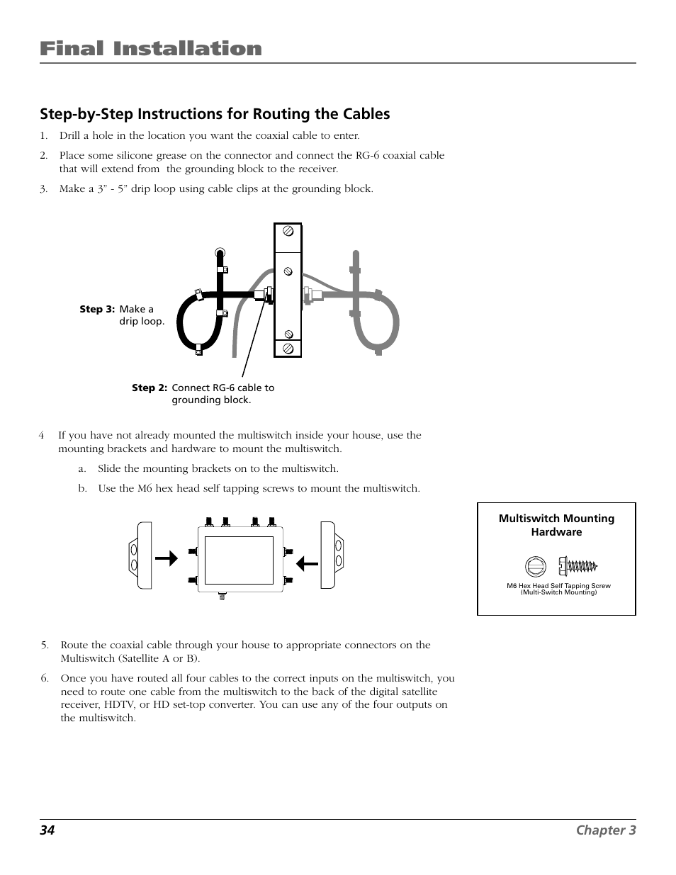 Final installation, Step-by-step instructions for routing the cables | RCA DIRECTV PLUS 15407690 User Manual | Page 36 / 48