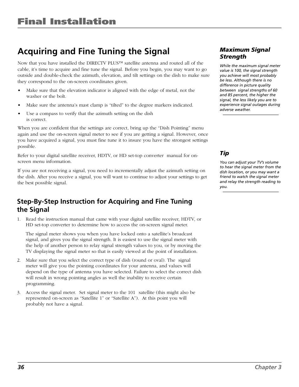 Final installation, Acquiring and fine tuning the signal | RCA DIRECTV PLUS 15407690 User Manual | Page 38 / 48
