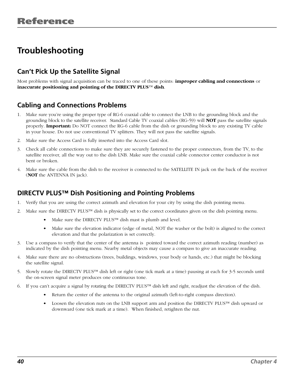 Reference, Troubleshooting, Can’t pick up the satellite signal | Cabling and connections problems | RCA DIRECTV PLUS 15407690 User Manual | Page 42 / 48