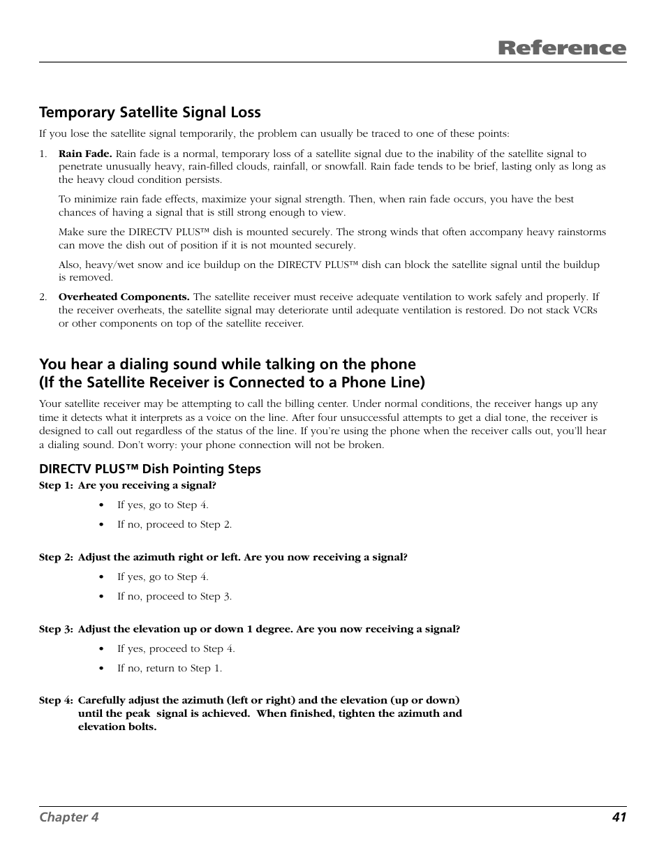 Reference, Temporary satellite signal loss | RCA DIRECTV PLUS 15407690 User Manual | Page 43 / 48