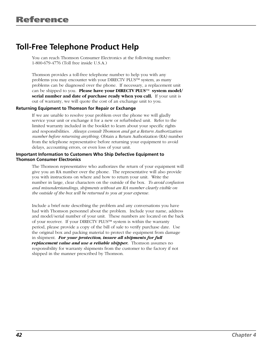Reference, Toll-free telephone product help | RCA DIRECTV PLUS 15407690 User Manual | Page 44 / 48