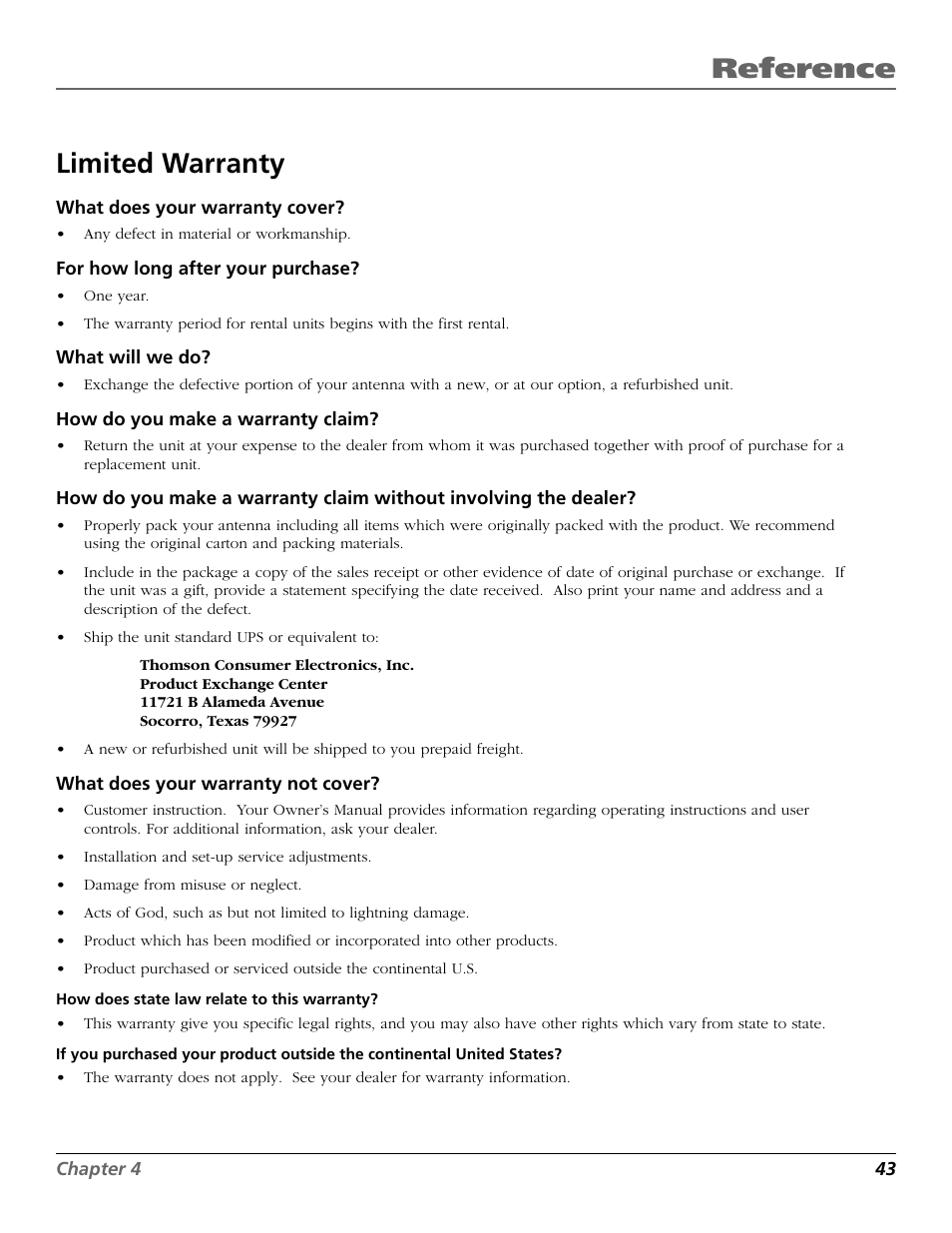 Reference limited warranty | RCA DIRECTV PLUS 15407690 User Manual | Page 45 / 48