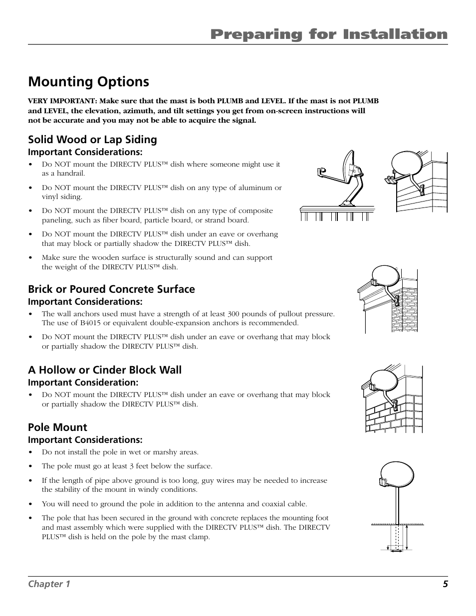 Preparing for installation mounting options, Solid wood or lap siding, Brick or poured concrete surface | A hollow or cinder block wall, Pole mount | RCA DIRECTV PLUS 15407690 User Manual | Page 7 / 48