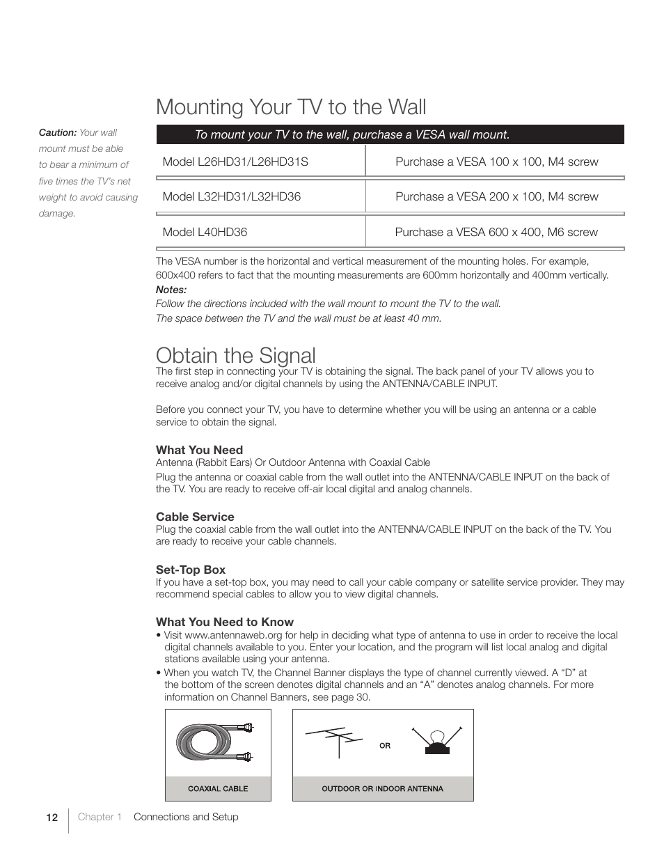Mounting your tv to the wall, Obtain the signal | RCA L26HD31S User Manual | Page 12 / 52