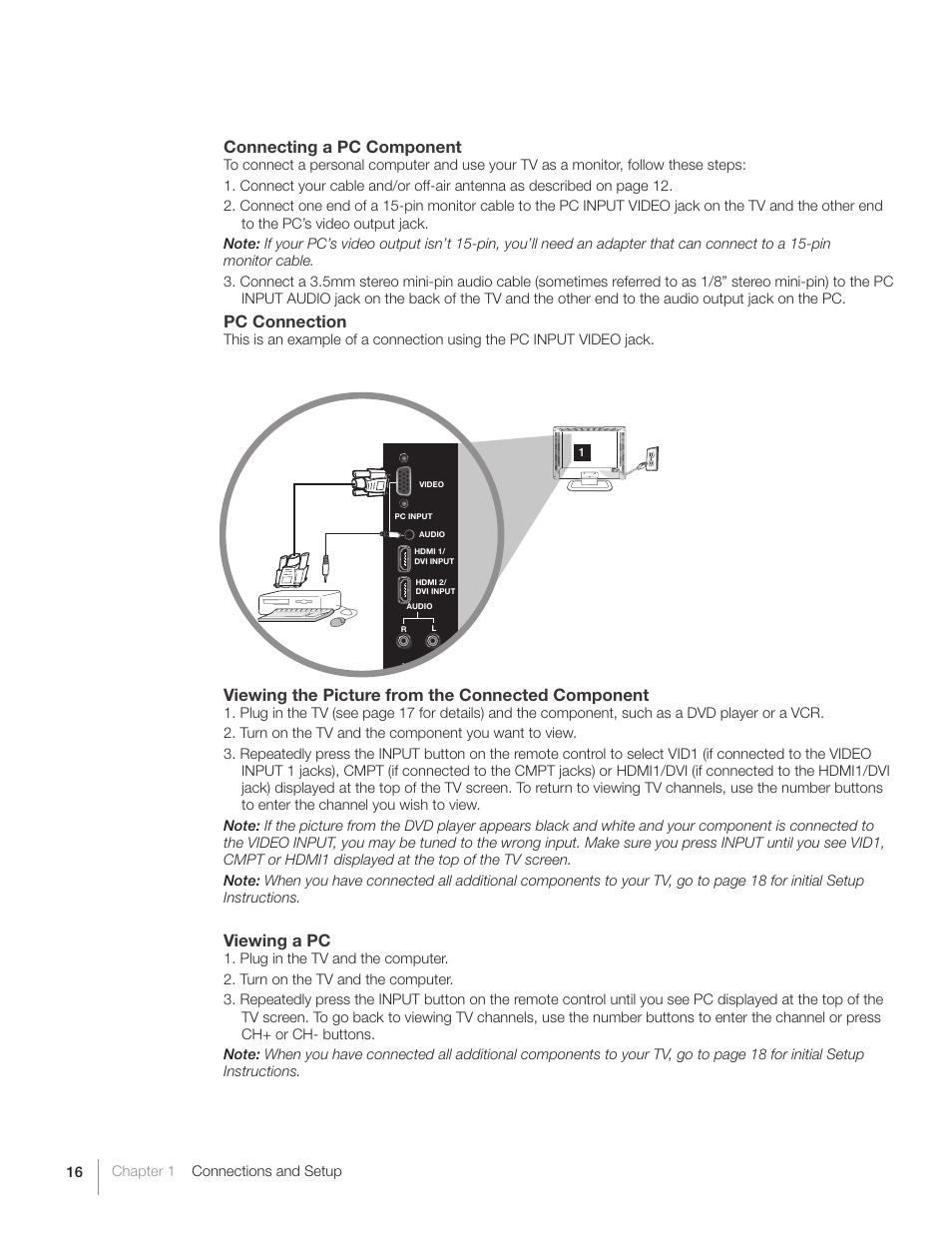 Connecting a pc component, Pc connection, Viewing the picture from the connected component | Viewing a pc | RCA L26HD31S User Manual | Page 16 / 52