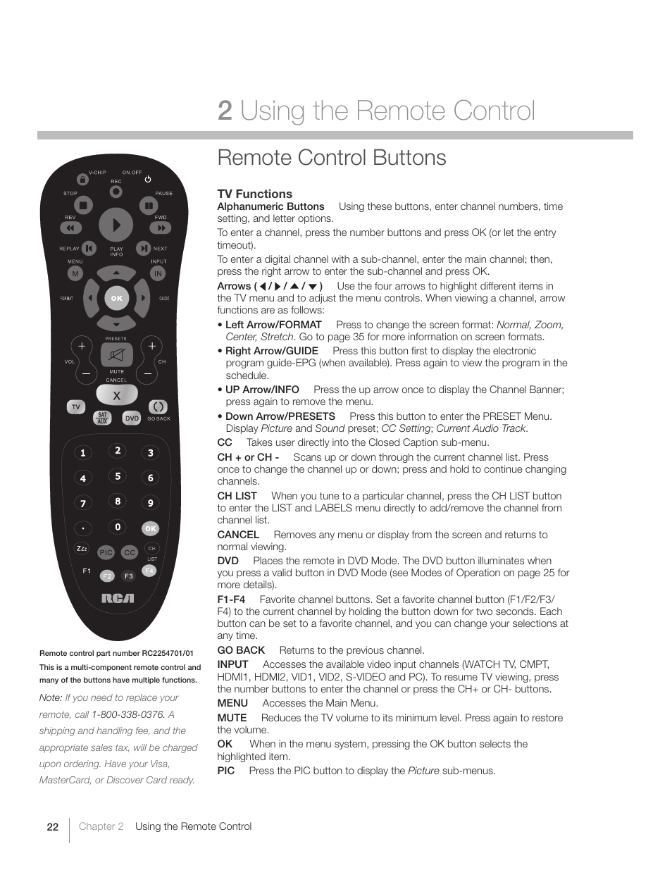 2 using the remote control, Remote control buttons | RCA L26HD31S User Manual | Page 22 / 52