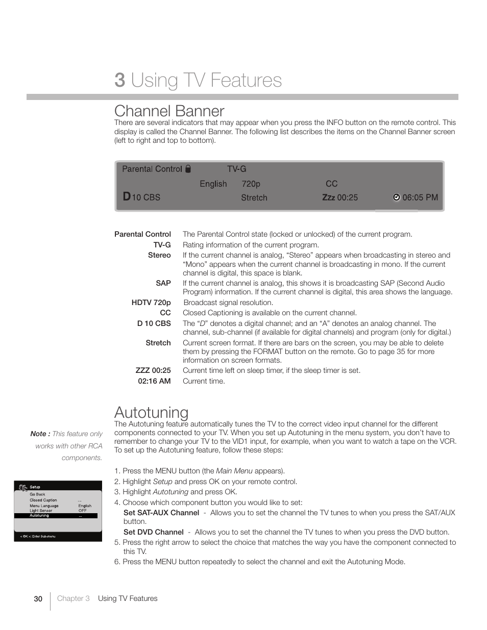3 using tv features, Channel banner, Autotuning | RCA L26HD31S User Manual | Page 30 / 52