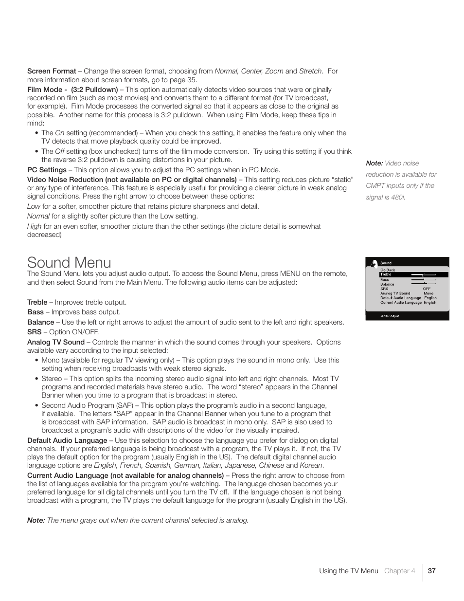 Sound menu | RCA L26HD31S User Manual | Page 37 / 52