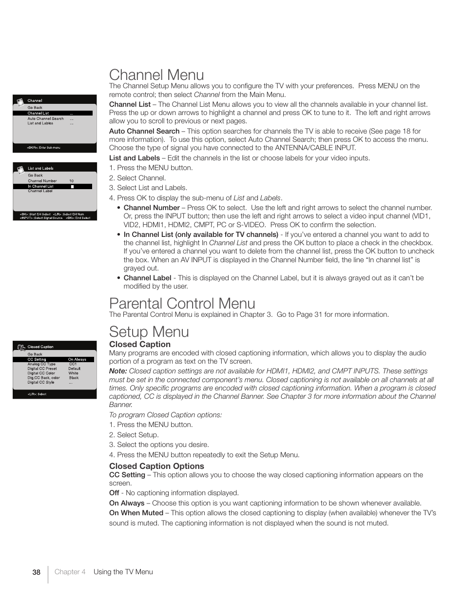 Channel menu, Parental control menu, Setup menu | RCA L26HD31S User Manual | Page 38 / 52