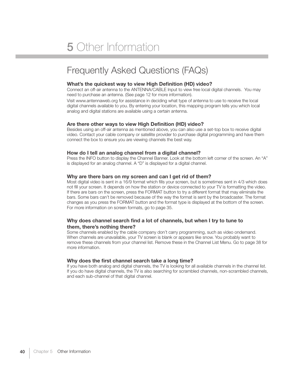 5 other information, Frequently asked questions (faqs) | RCA L26HD31S User Manual | Page 40 / 52