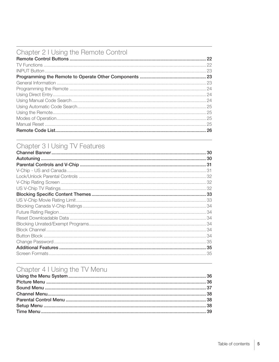 Chapter 2 i using the remote control, Chapter 3 i using tv features, Chapter 4 i using the tv menu | RCA L26HD31S User Manual | Page 5 / 52