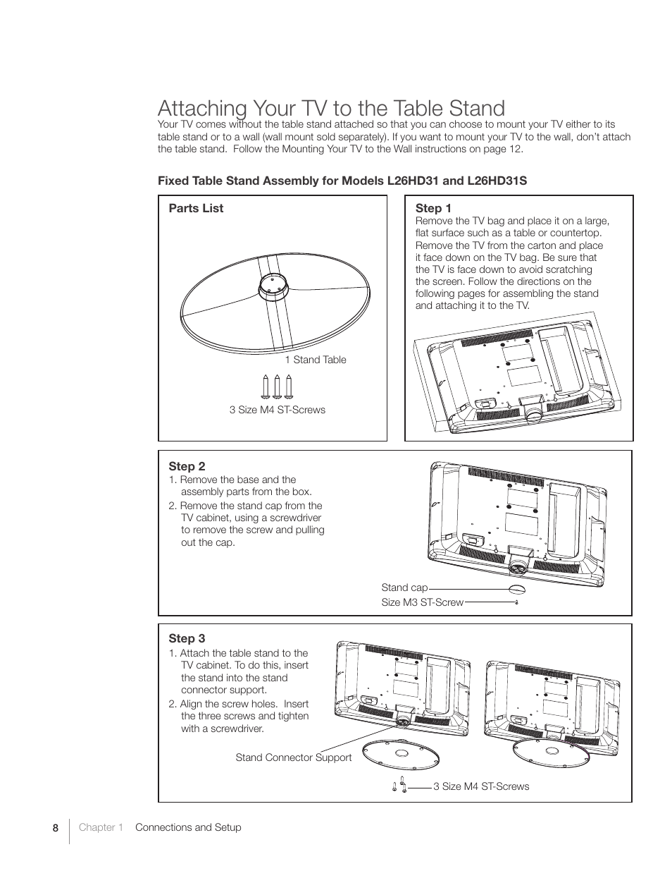 Attaching your tv to the table stand | RCA L26HD31S User Manual | Page 8 / 52