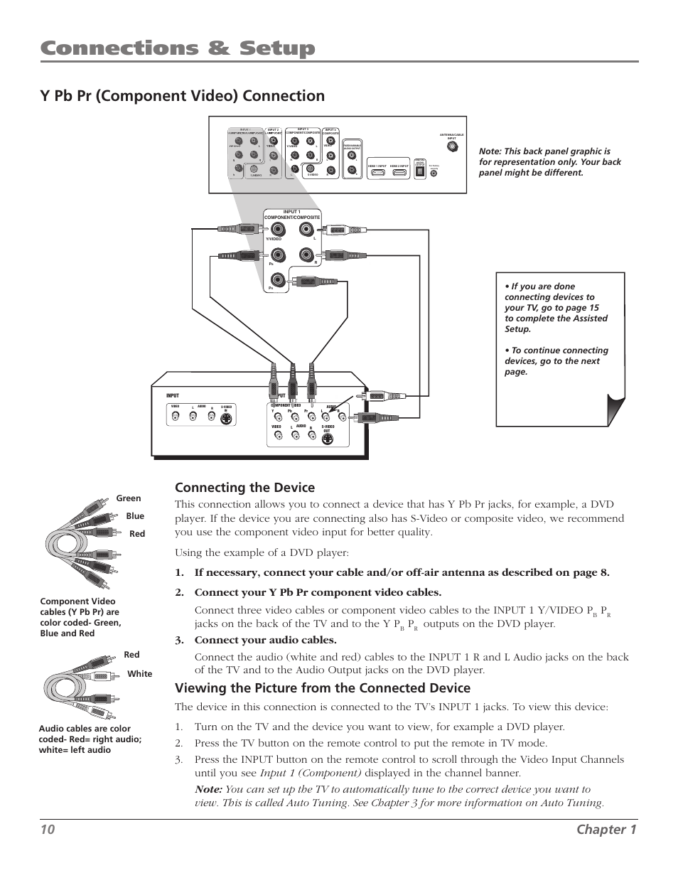 Connections & setup, Y pb pr (component video) connection, 10 chapter 1 | Connecting the device, Viewing the picture from the connected device, Jacks on the back of the tv and to the y p | RCA M50WH92S User Manual | Page 10 / 64