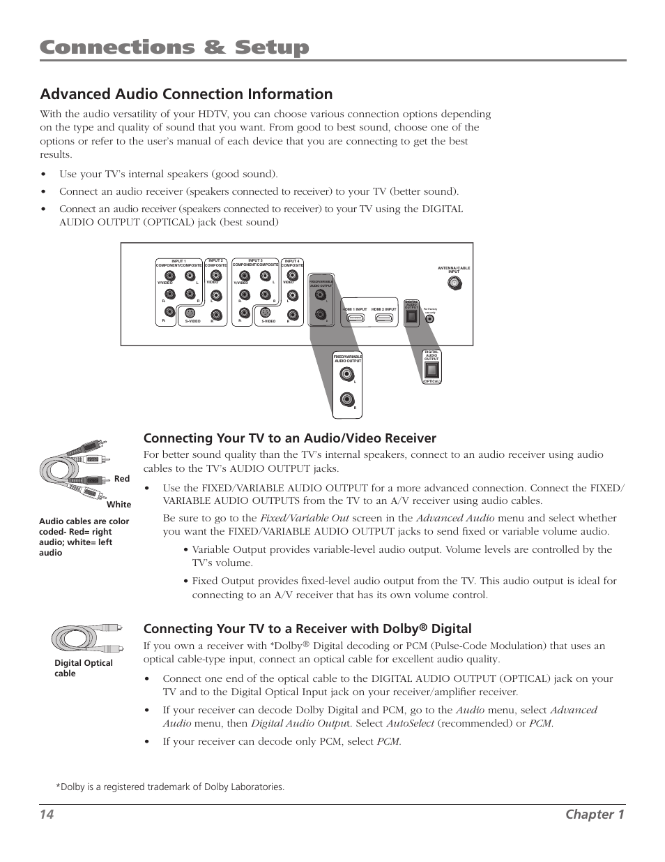 Connections & setup, Advanced audio connection information, 1 chapter 1 | Connecting your tv to an audio/video receiver, Connecting your tv to a receiver with dolby, Digital, If you own a receiver with *dolby, Digital optical cable | RCA M50WH92S User Manual | Page 14 / 64