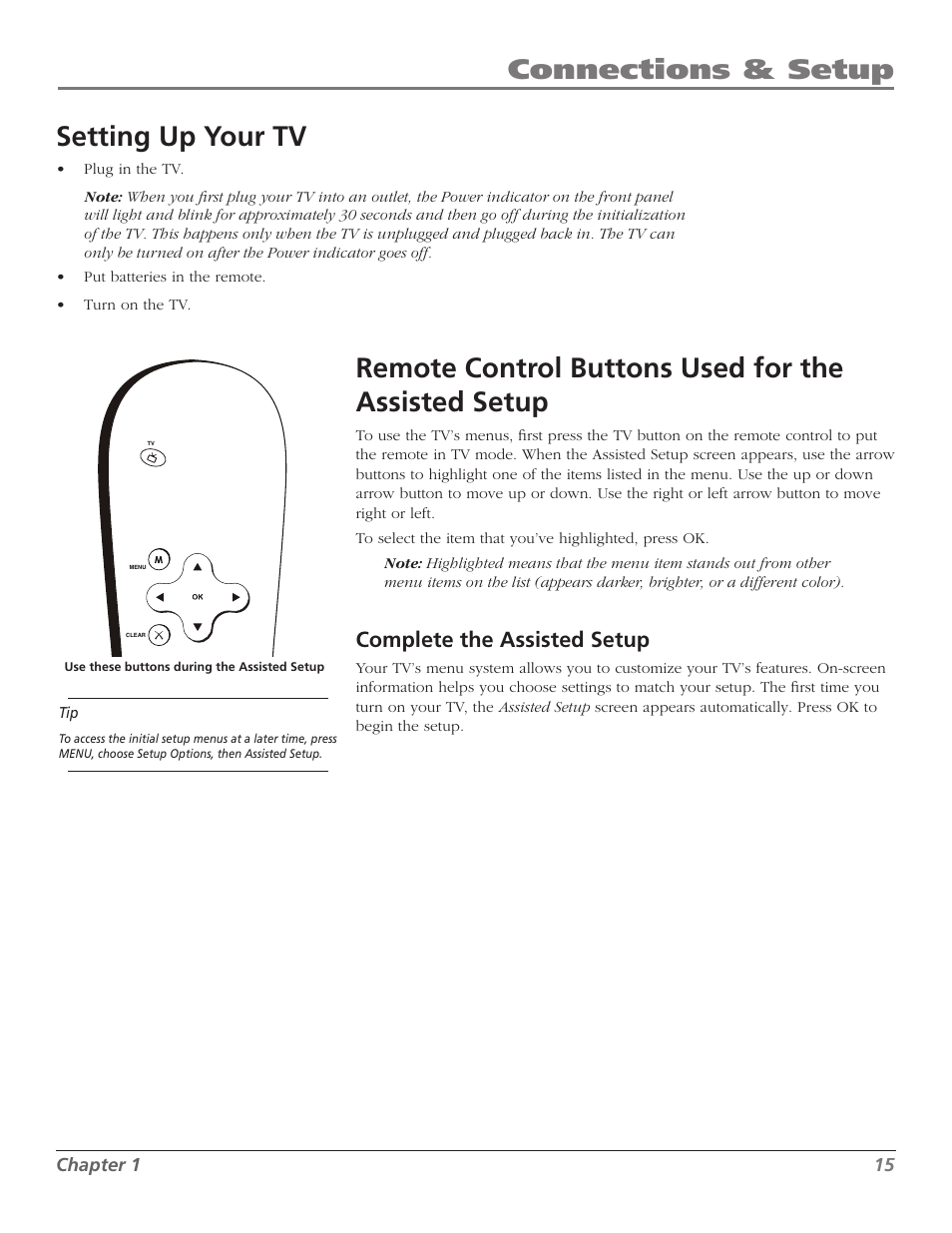 Connections & setup, Setting up your tv, Remote control buttons used for the assisted setup | Complete the assisted setup | RCA M50WH92S User Manual | Page 15 / 64