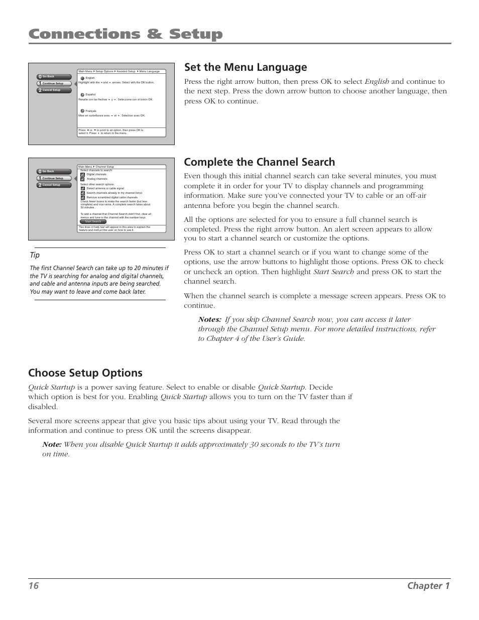 Connections & setup, Complete the channel search, Set the menu language | Choose setup options, 1 chapter 1 | RCA M50WH92S User Manual | Page 16 / 64