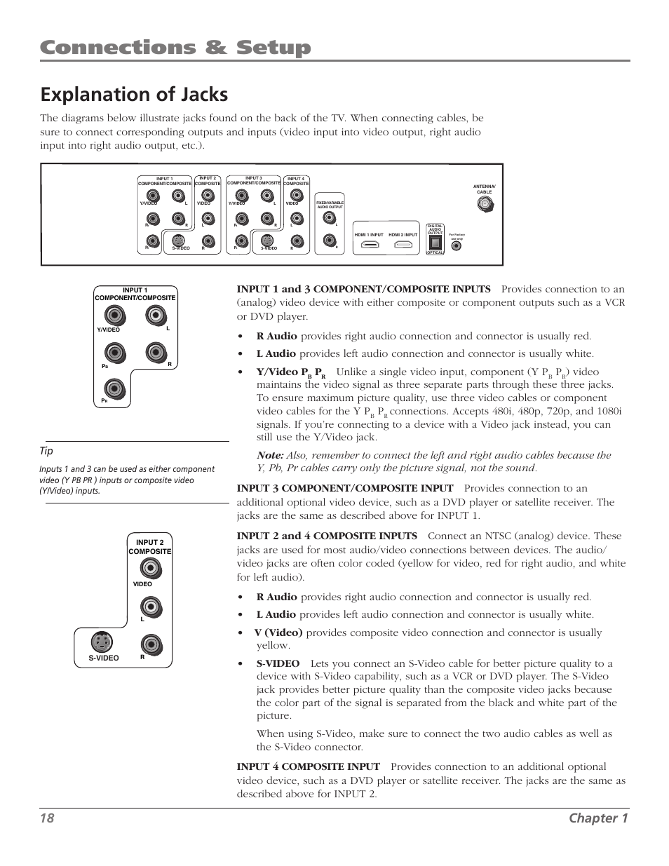 Connections & setup, Explanation of jacks, 1 chapter 1 | Unlike a single video input, component (y p | RCA M50WH92S User Manual | Page 18 / 64