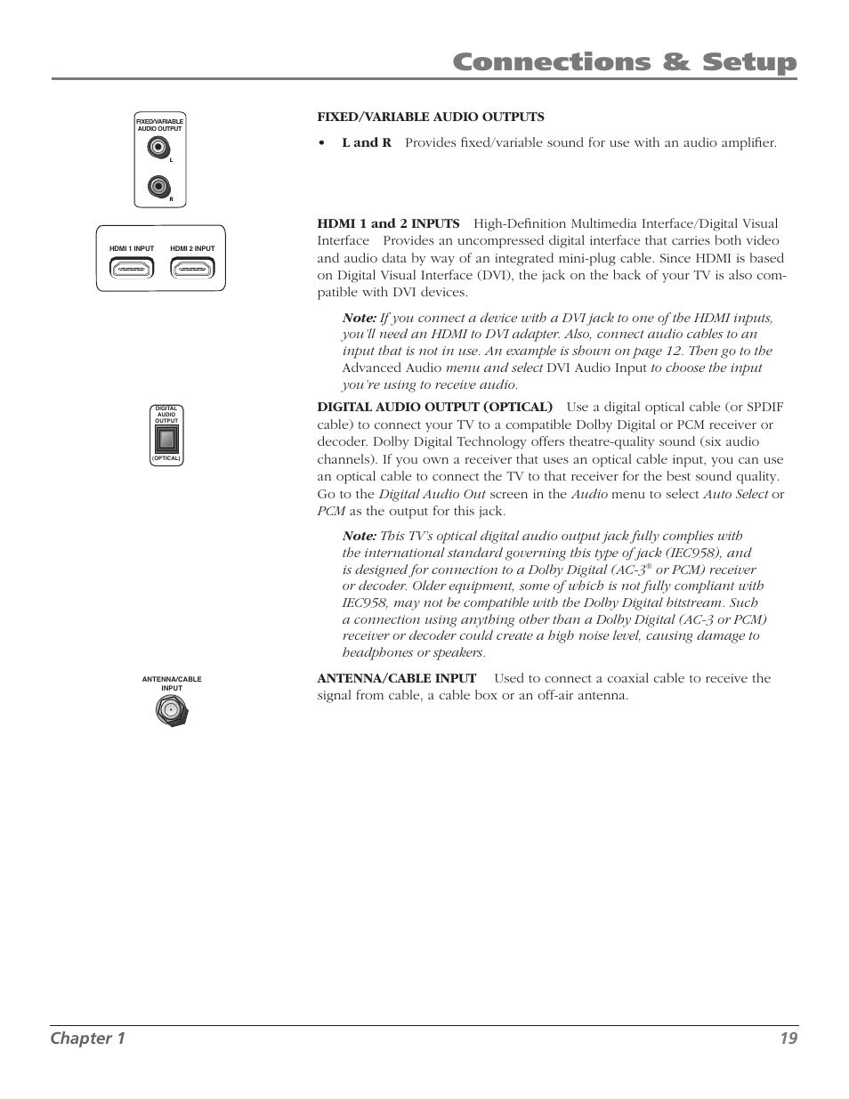 Connections & setup, Chapter 1 1 | RCA M50WH92S User Manual | Page 19 / 64