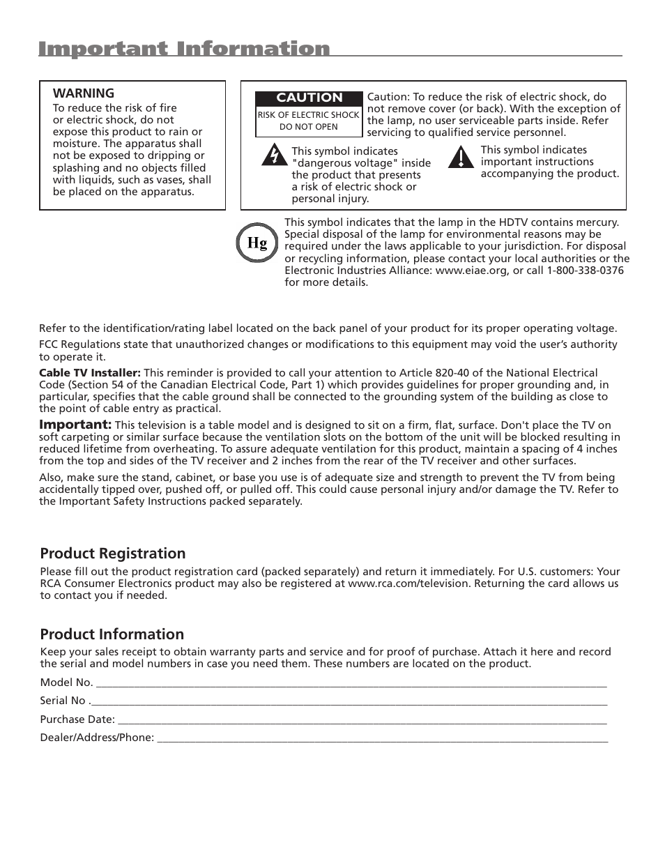 Important information, Product registration, Product information | RCA M50WH92S User Manual | Page 2 / 64