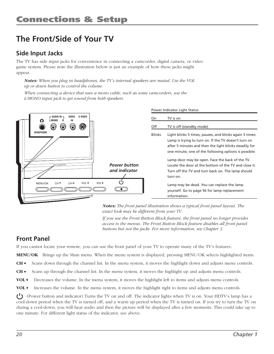 Connections & setup, The front/side of your tv, Front panel | Side input jacks, 20 chapter 1 | RCA M50WH92S User Manual | Page 20 / 64