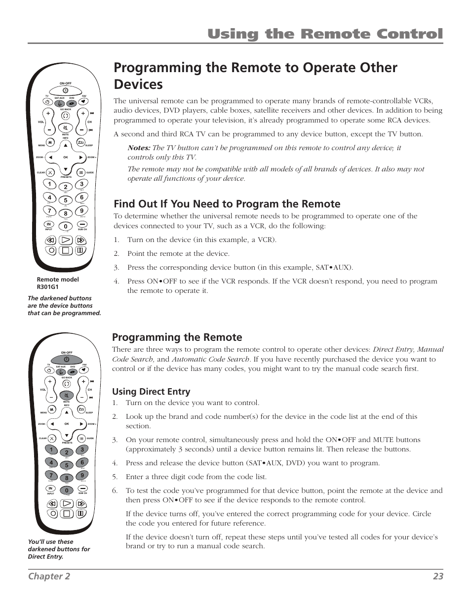 Find out if you need to program the remote, Programming the remote, Chapter 2 2 | Using direct entry | RCA M50WH92S User Manual | Page 23 / 64