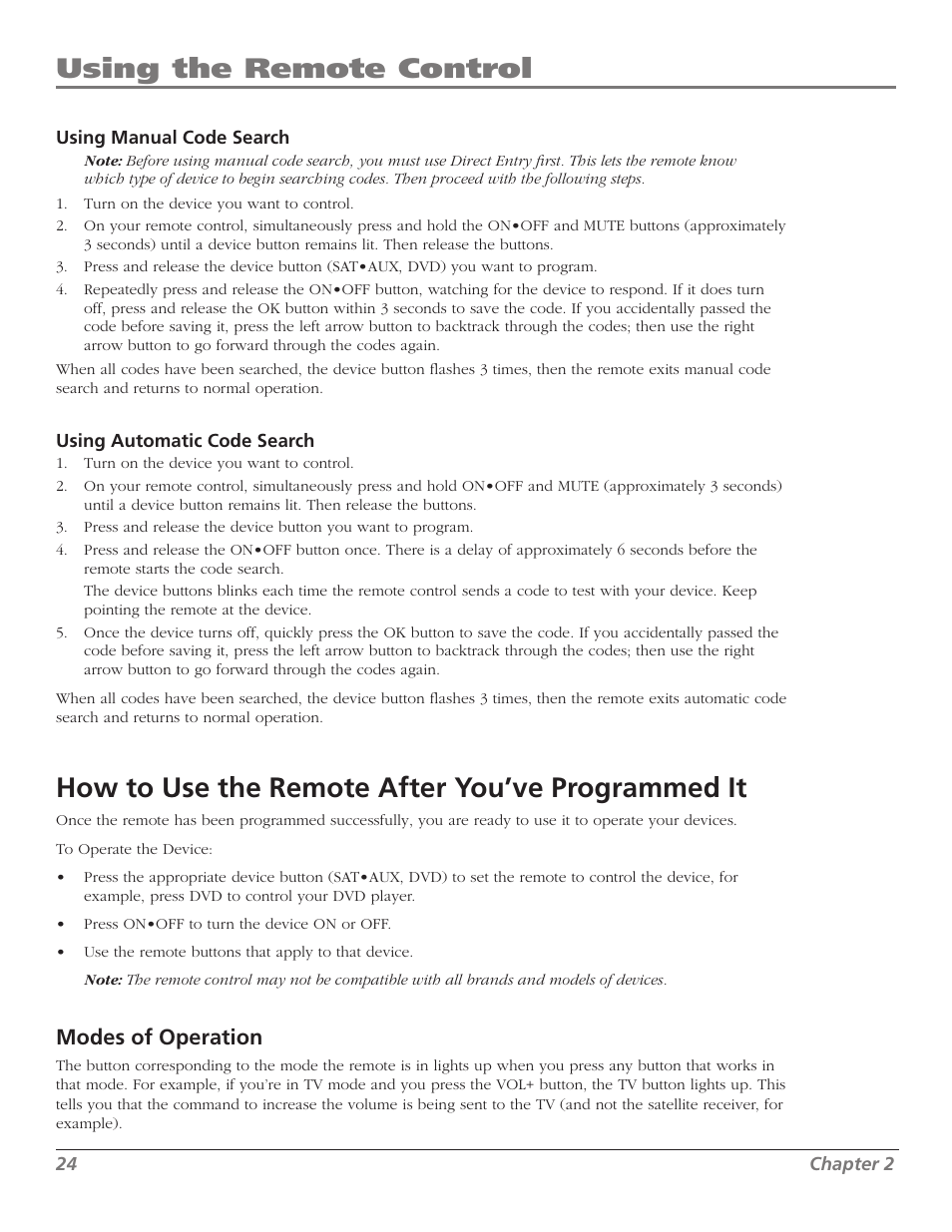 Using the remote control, How to use the remote after you’ve programmed it, Modes of operation | RCA M50WH92S User Manual | Page 24 / 64