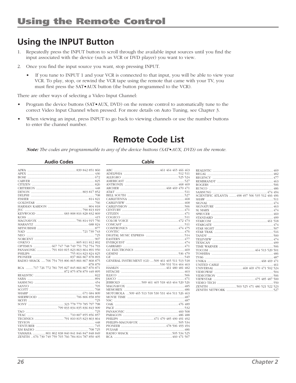 Using the remote control using the input button, Remote code list, 2 chapter 2 | Cable | RCA M50WH92S User Manual | Page 26 / 64