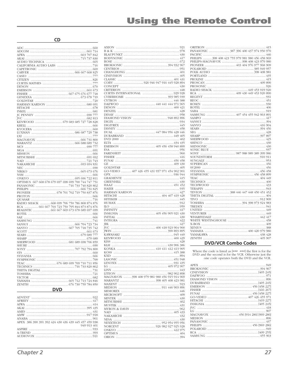 Using the remote control, Chapter 2 2, Dvd/vcr combo codes | RCA M50WH92S User Manual | Page 27 / 64
