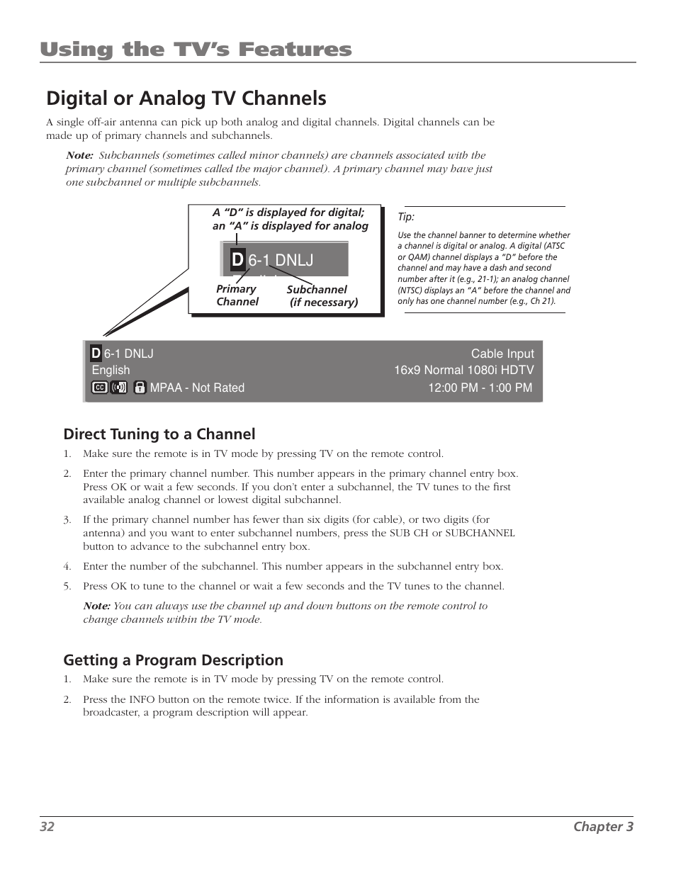 Using the tv’s features, Digital or analog tv channels, 1 dnlj | RCA M50WH92S User Manual | Page 32 / 64