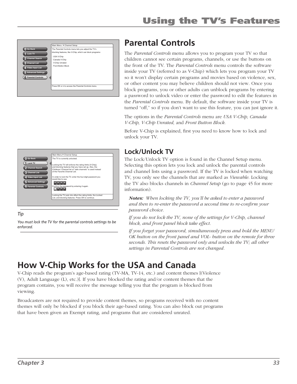 Using the tv’s features, Parental controls, How v-chip works for the usa and canada | Lock/unlock tv, Chapter | RCA M50WH92S User Manual | Page 33 / 64