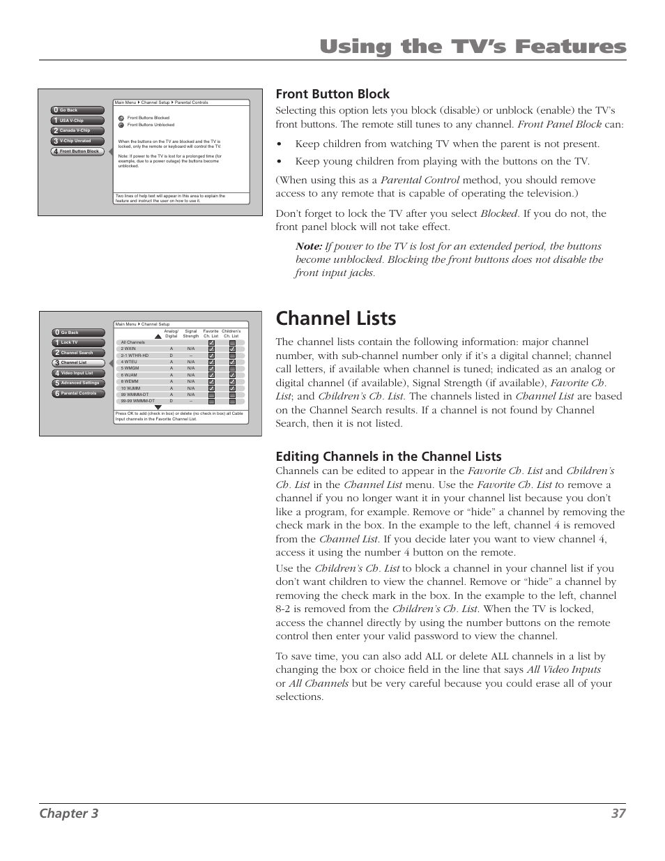 Using the tv’s features, Channel lists, Chapter | Front button block, Editing channels in the channel lists | RCA M50WH92S User Manual | Page 37 / 64